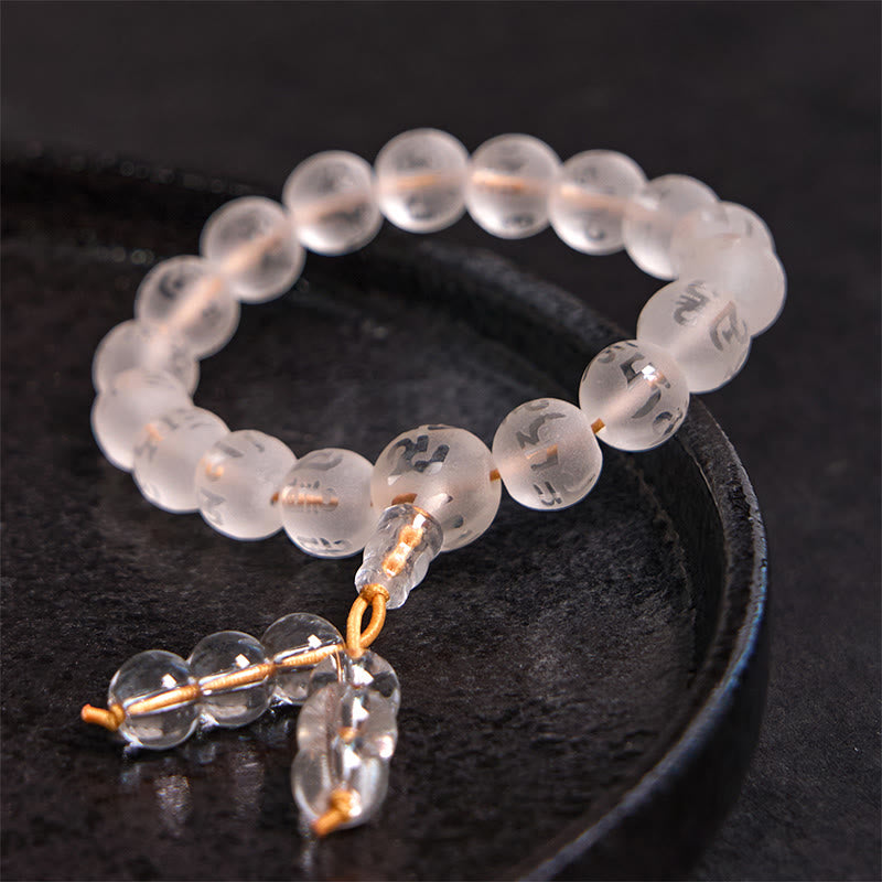 Pulsera de meditación Om Mani Padme Hum de ónix negro y cristal blanco del Tíbet Mythstone