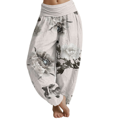 Mythstone Folwers With Leaves Pattern Women's Elastic Waist Harem Pants