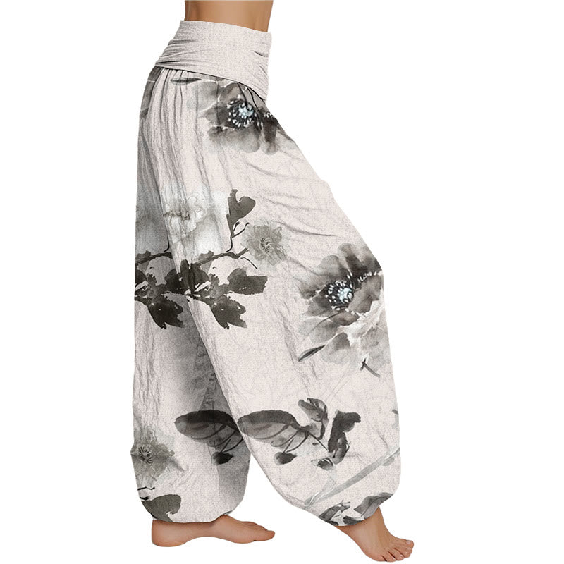 Mythstone Folwers With Leaves Pattern Women's Elastic Waist Harem Pants