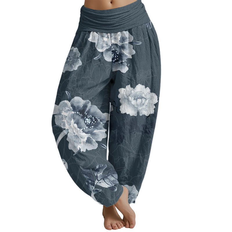 Mythstone Folwers With Leaves Pattern Women's Elastic Waist Harem Pants