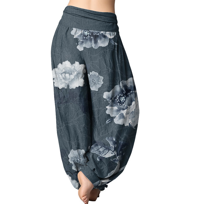 Mythstone Folwers With Leaves Pattern Women's Elastic Waist Harem Pants