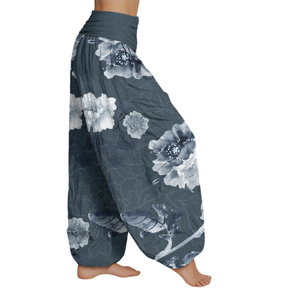 Mythstone Folwers With Leaves Pattern Women's Elastic Waist Harem Pants