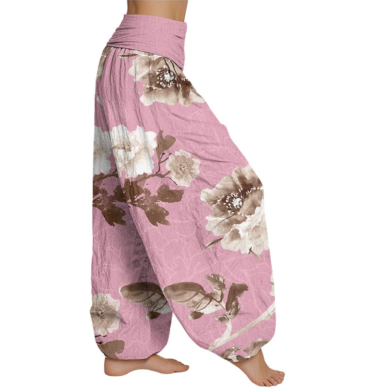 Mythstone Folwers With Leaves Pattern Women's Elastic Waist Harem Pants