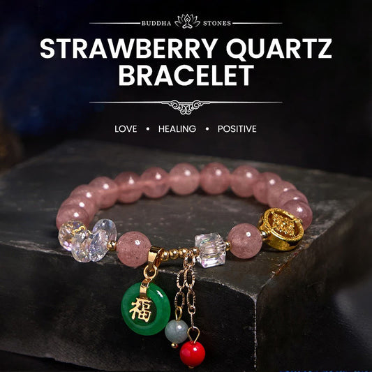 Mythstone Strawberry Quartz Jade Fu Character Charm Healing Bracelet