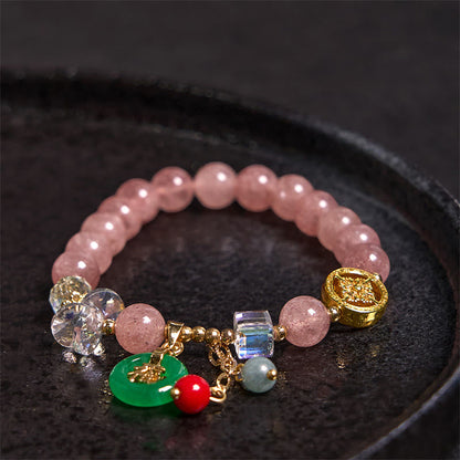 Mythstone Strawberry Quartz Jade Fu Character Charm Healing Bracelet