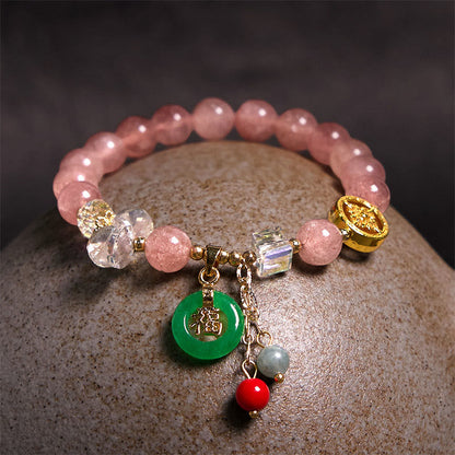 Mythstone Strawberry Quartz Jade Fu Character Charm Healing Bracelet