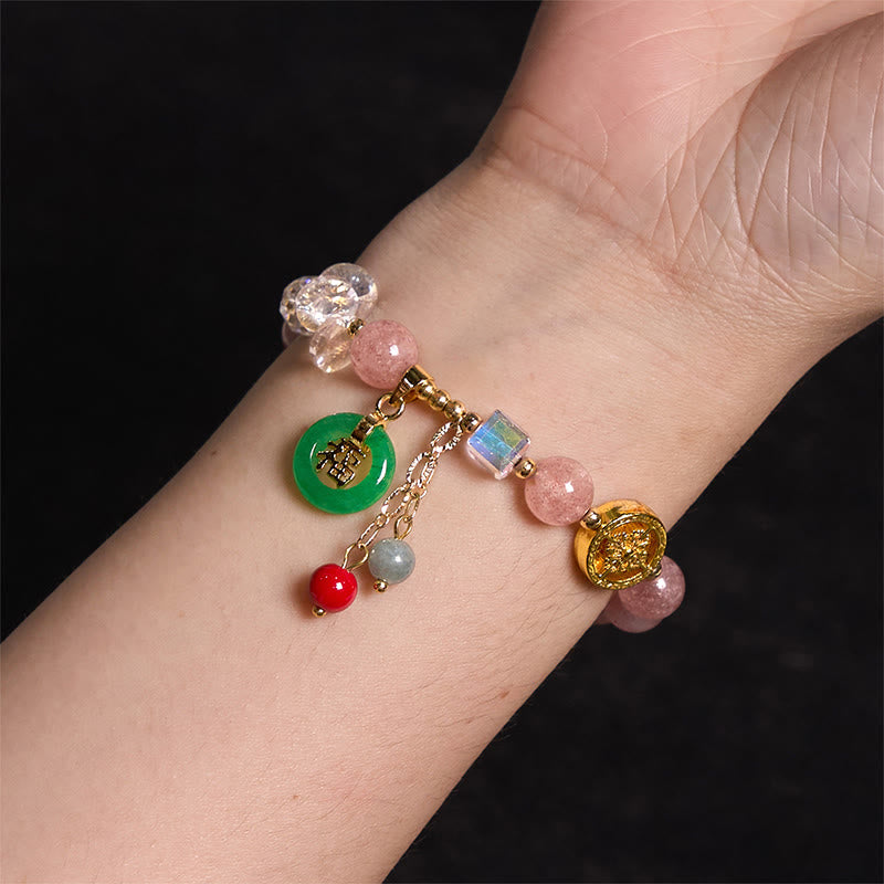 Mythstone Strawberry Quartz Jade Fu Character Charm Healing Bracelet