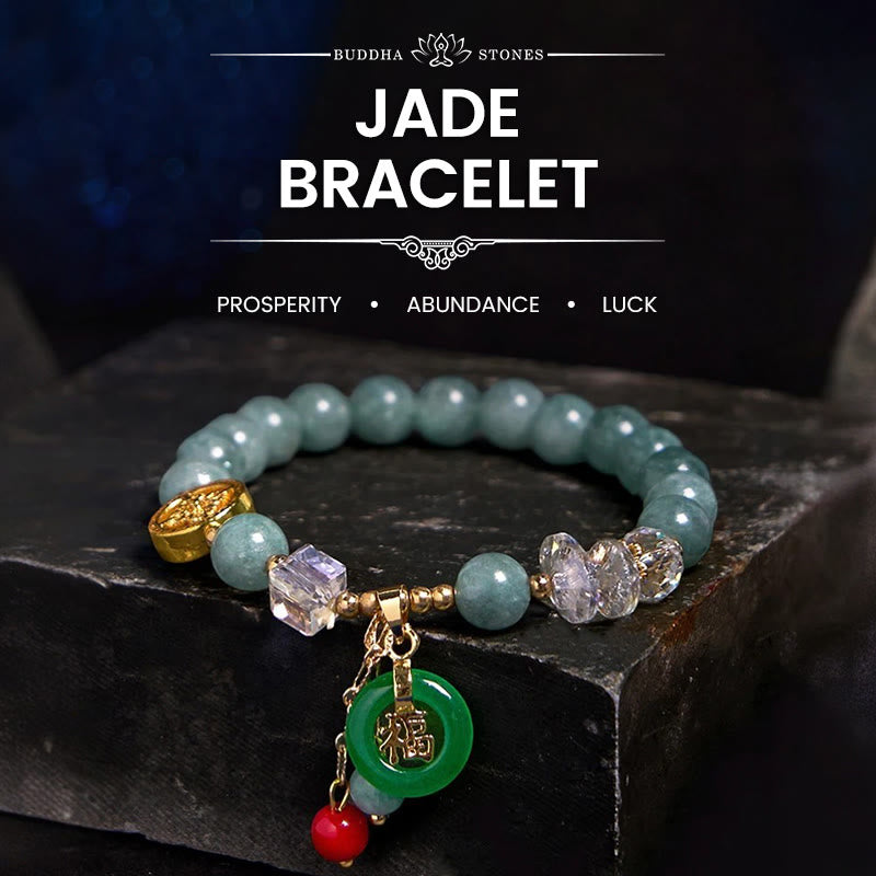 Mythstone Strawberry Quartz Jade Fu Character Charm Healing Bracelet