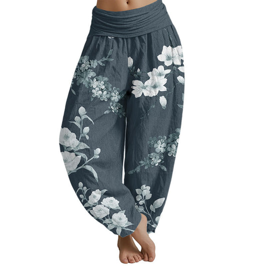 Mythstone Blooming And Budding Flowers With Leaves Pattern Women's Elastic Waist Harem Pants