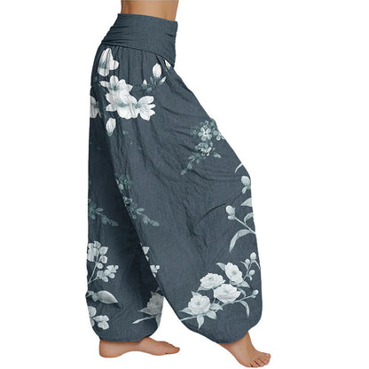 Mythstone Blooming And Budding Flowers With Leaves Pattern Women's Elastic Waist Harem Pants