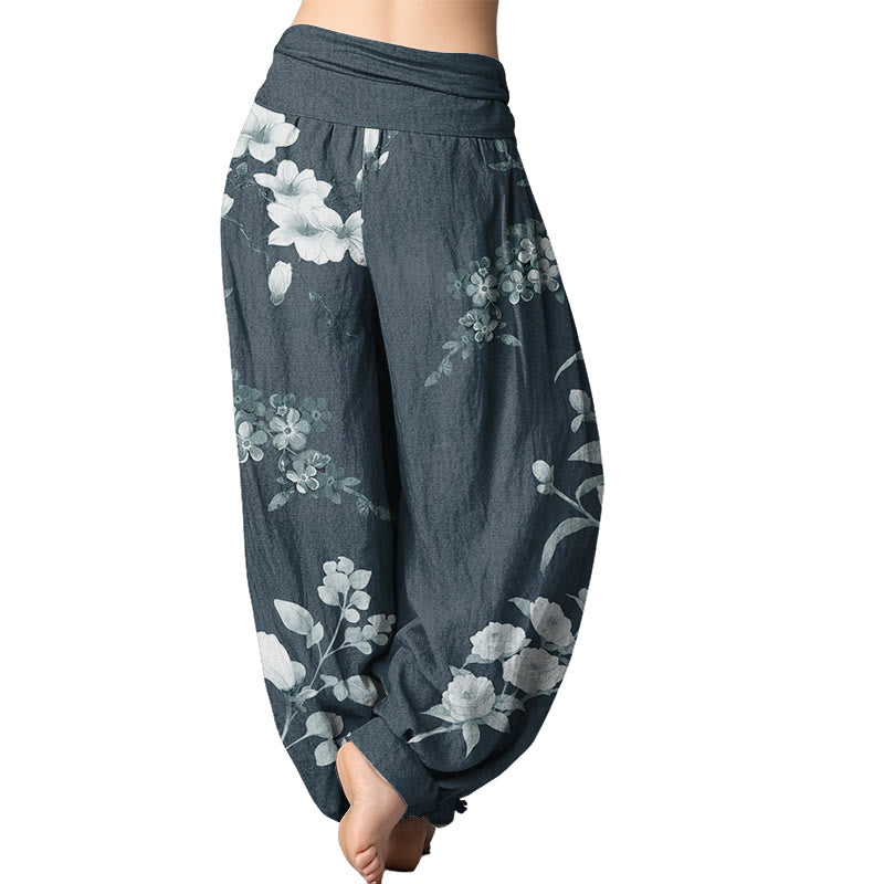 Mythstone Blooming And Budding Flowers With Leaves Pattern Women's Elastic Waist Harem Pants