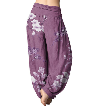 Mythstone Blooming And Budding Flowers With Leaves Pattern Women's Elastic Waist Harem Pants