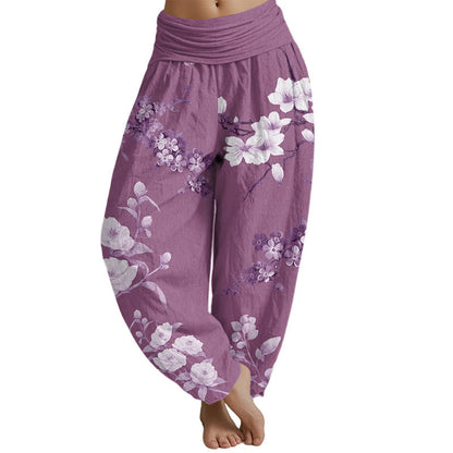 Mythstone Blooming And Budding Flowers With Leaves Pattern Women's Elastic Waist Harem Pants