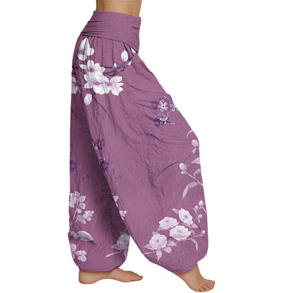 Mythstone Blooming And Budding Flowers With Leaves Pattern Women's Elastic Waist Harem Pants