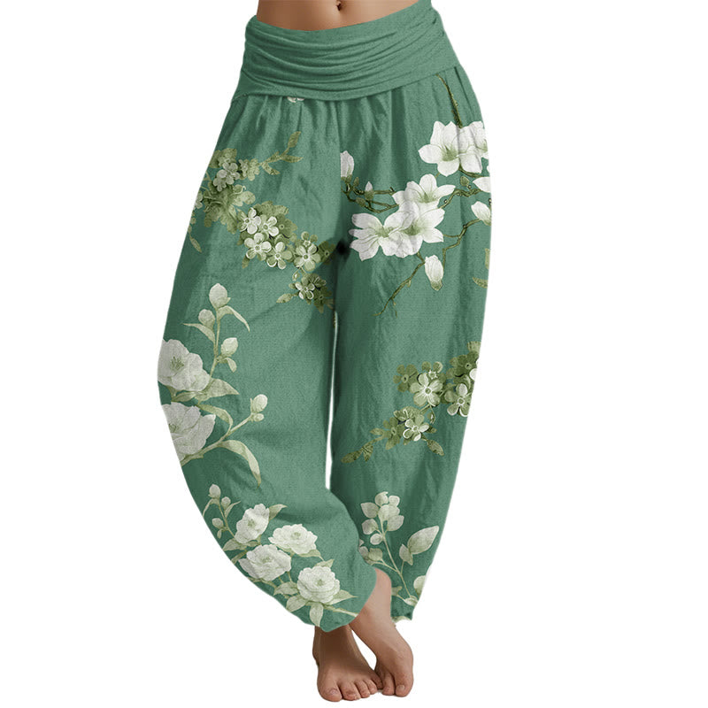 Mythstone Blooming And Budding Flowers With Leaves Pattern Women's Elastic Waist Harem Pants