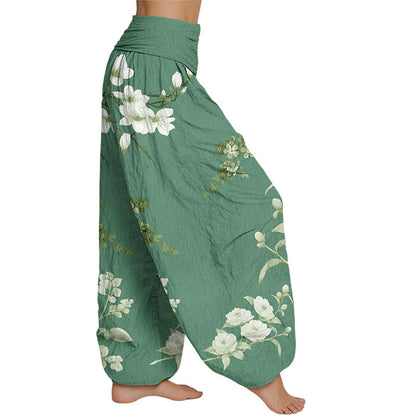 Mythstone Blooming And Budding Flowers With Leaves Pattern Women's Elastic Waist Harem Pants