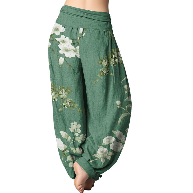 Mythstone Blooming And Budding Flowers With Leaves Pattern Women's Elastic Waist Harem Pants