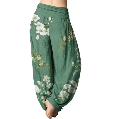 Mythstone Blooming And Budding Flowers With Leaves Pattern Women's Elastic Waist Harem Pants