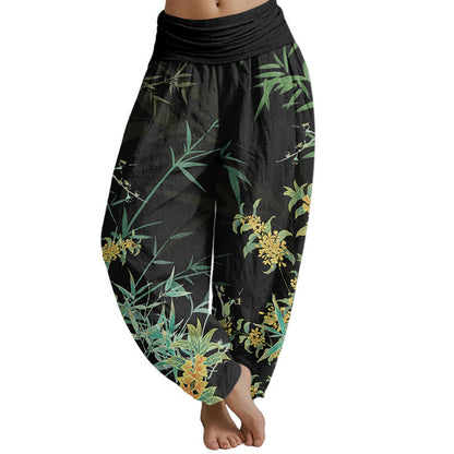 Pantalones harén con cintura elástica para mujer con estampado de bambú y flores florecientes de Mythstone 