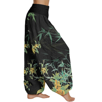 Pantalones harén con cintura elástica para mujer con estampado de bambú y flores florecientes de Mythstone 