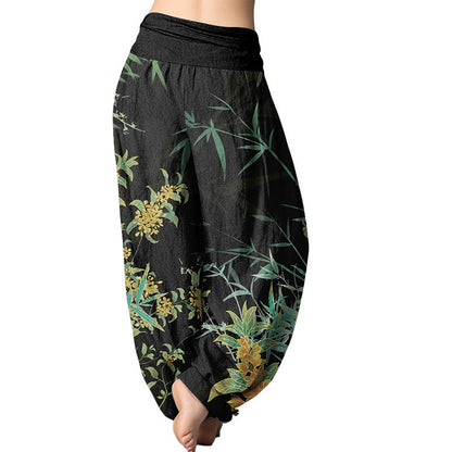 Pantalones harén con cintura elástica para mujer con estampado de bambú y flores florecientes de Mythstone 