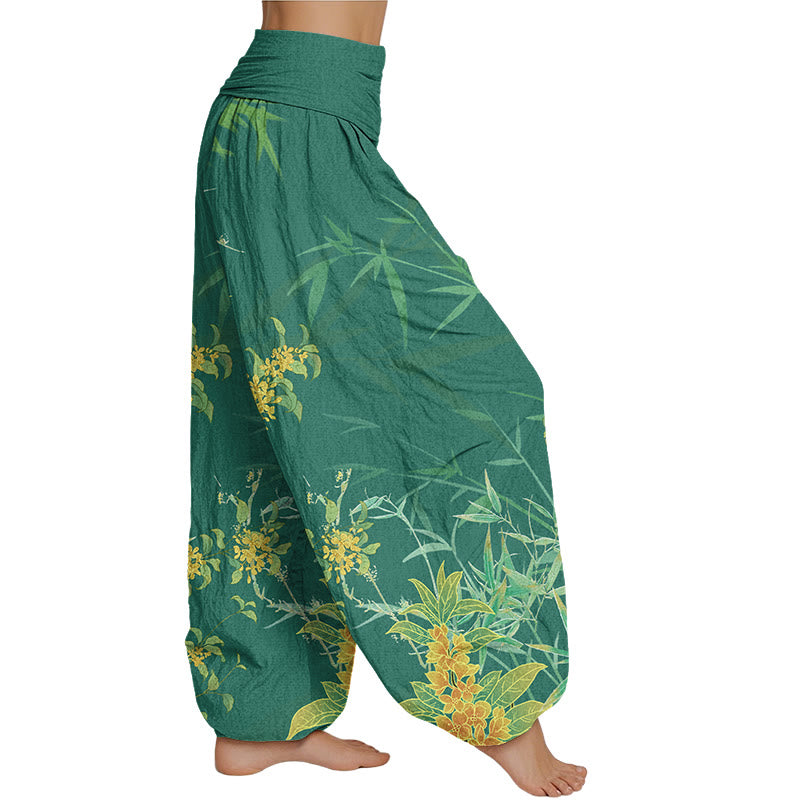 Pantalones harén con cintura elástica para mujer con estampado de bambú y flores florecientes de Mythstone 