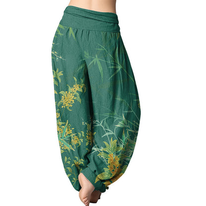 Pantalones harén con cintura elástica para mujer con estampado de bambú y flores florecientes de Mythstone 