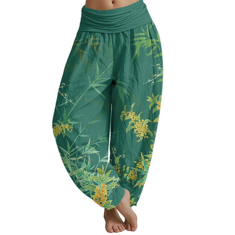 Pantalones harén con cintura elástica para mujer con estampado de bambú y flores florecientes de Mythstone 