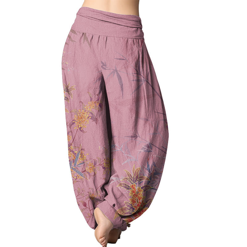 Pantalones harén con cintura elástica para mujer con estampado de bambú y flores florecientes de Mythstone 