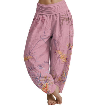 Pantalones harén con cintura elástica para mujer con estampado de bambú y flores florecientes de Mythstone 