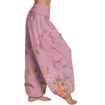 Pantalones harén con cintura elástica para mujer con estampado de bambú y flores florecientes de Mythstone 