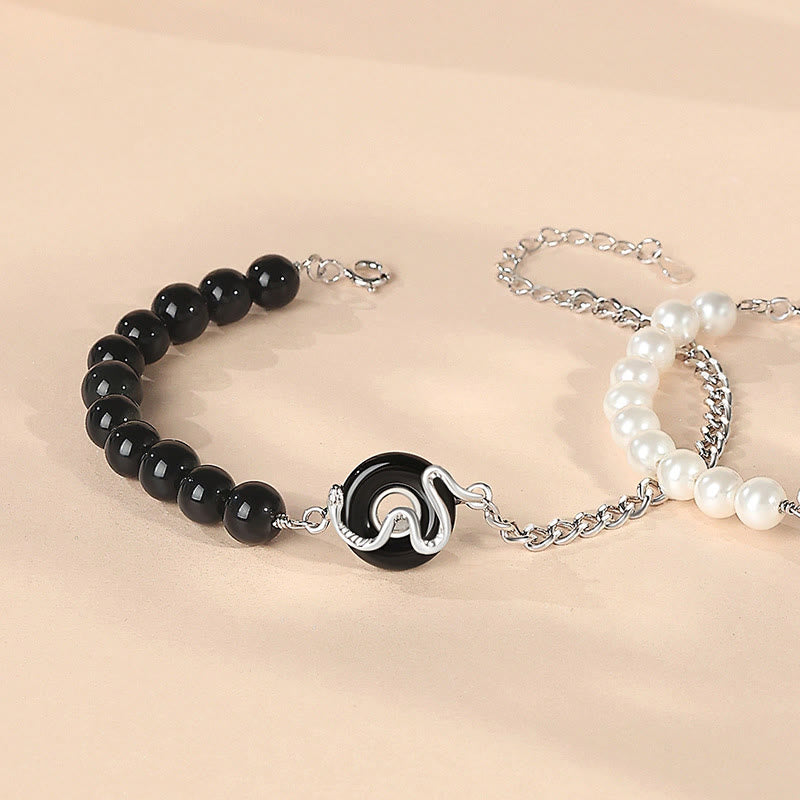 Mythstone Black Obsidian Black Onyx Chalcedony Peace Buckle 925 Sterling Silver Year Of The Snake Pearl Purification Couple's Bracelet