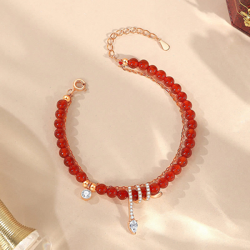 Pulsera de confianza del año de la serpiente en plata de ley 925 con ágata roja y oro rosa de Mythstone