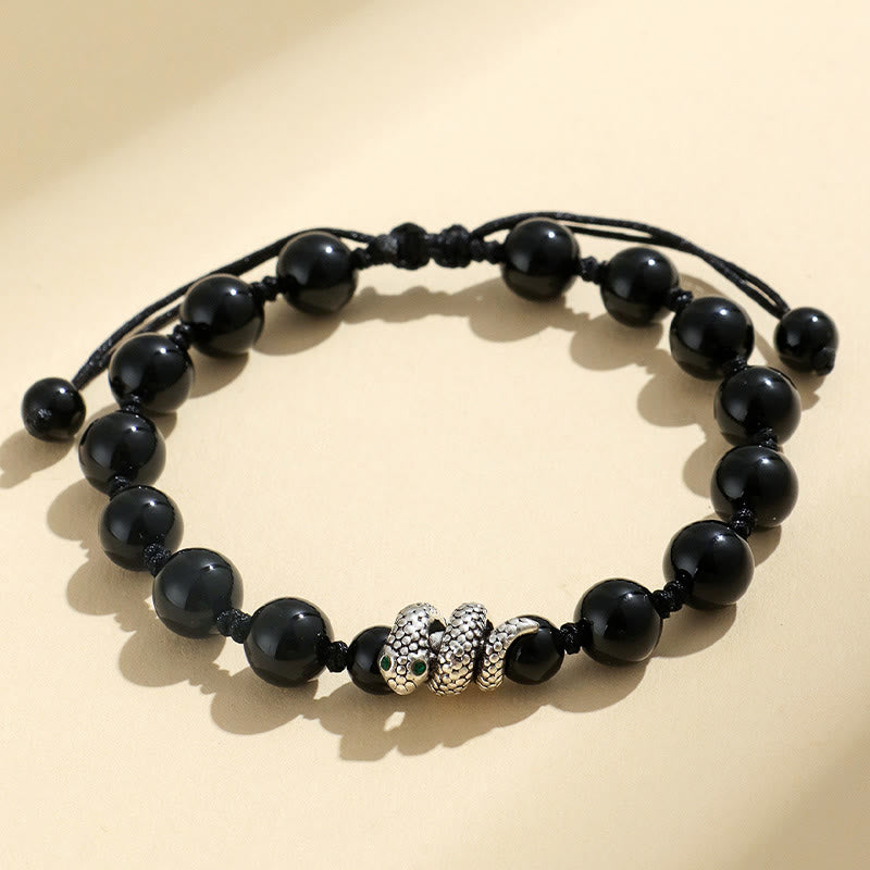 Mythstone Black Onyx White Cat's Eye Beads Year Of The Snake Protection Bracelet