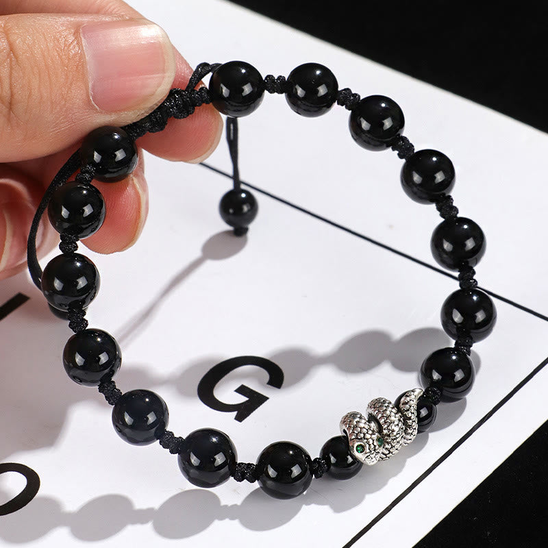 Mythstone Black Onyx White Cat's Eye Beads Year Of The Snake Protection Bracelet