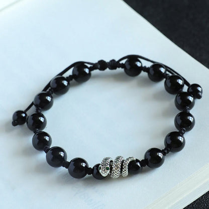 Mythstone Black Onyx White Cat's Eye Beads Year Of The Snake Protection Bracelet