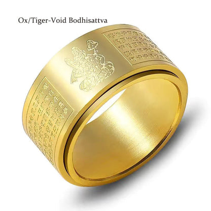 Mythstone Chinese Zodiac Natal Buddha Heart Sutra Carved Titanium Steel Calm Rotatable Ring