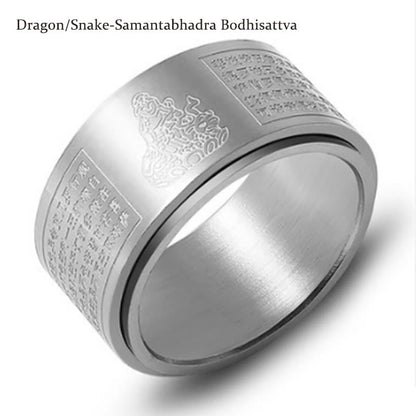 Mythstone Chinese Zodiac Natal Buddha Heart Sutra Carved Titanium Steel Calm Rotatable Ring