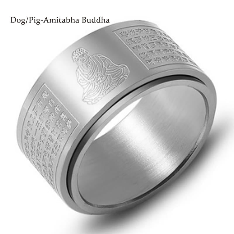 Mythstone Chinese Zodiac Natal Buddha Heart Sutra Carved Titanium Steel Calm Rotatable Ring