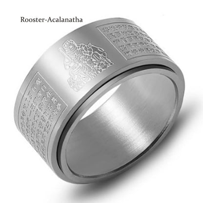 Mythstone Chinese Zodiac Natal Buddha Heart Sutra Carved Titanium Steel Calm Rotatable Ring