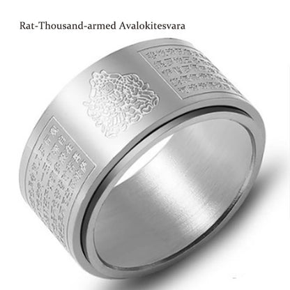 Mythstone Chinese Zodiac Natal Buddha Heart Sutra Carved Titanium Steel Calm Rotatable Ring