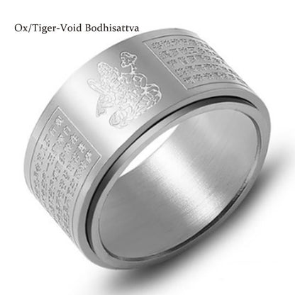 Mythstone Chinese Zodiac Natal Buddha Heart Sutra Carved Titanium Steel Calm Rotatable Ring