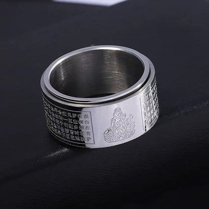 Mythstone Chinese Zodiac Natal Buddha Heart Sutra Carved Titanium Steel Calm Rotatable Ring