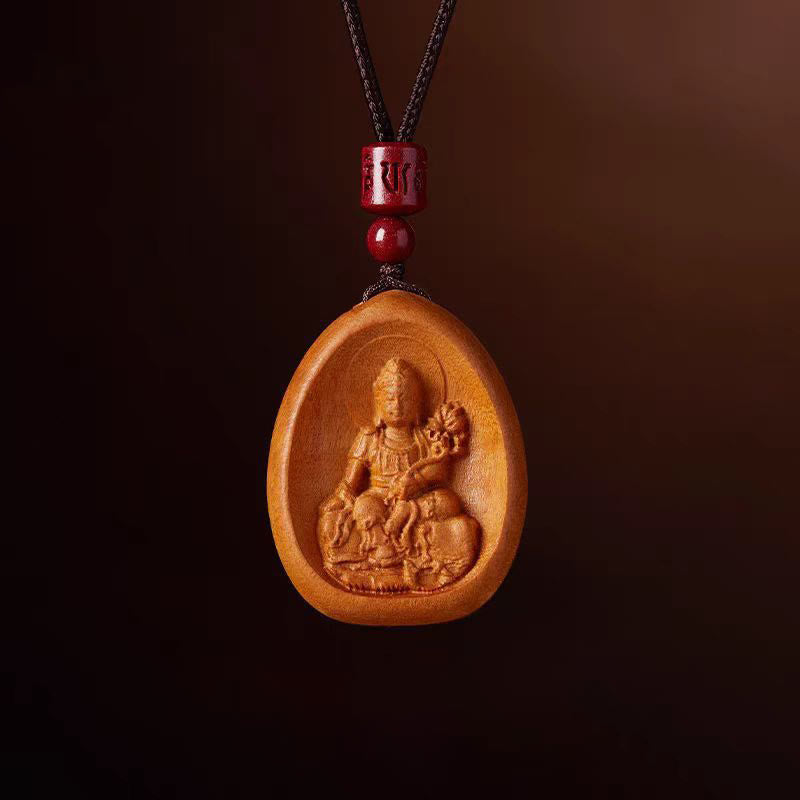 Mythstone Peach Wood Cinnabar Om Mani Padme Hum Chinese Zodiac Black String Necklace Pendants