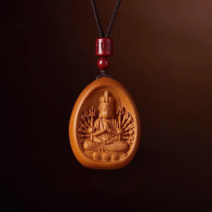 Mythstone Peach Wood Cinnabar Om Mani Padme Hum Chinese Zodiac Black String Necklace Pendants