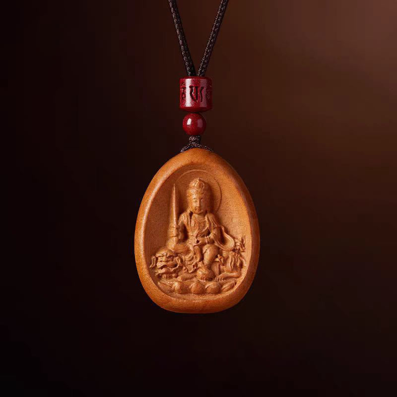 Mythstone Peach Wood Cinnabar Om Mani Padme Hum Chinese Zodiac Black String Necklace Pendants