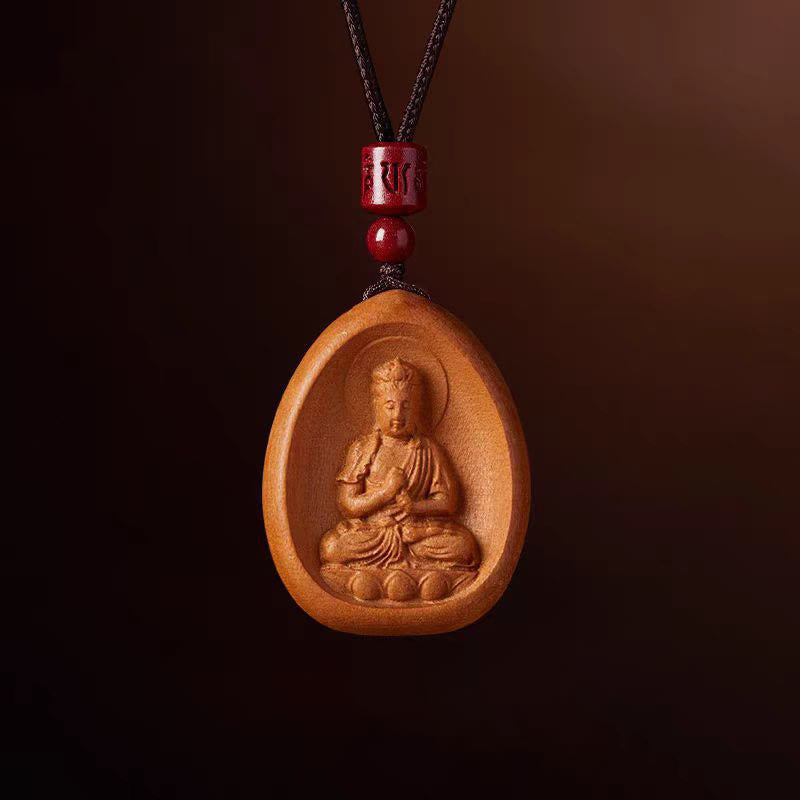 Mythstone Peach Wood Cinnabar Om Mani Padme Hum Chinese Zodiac Black String Necklace Pendants