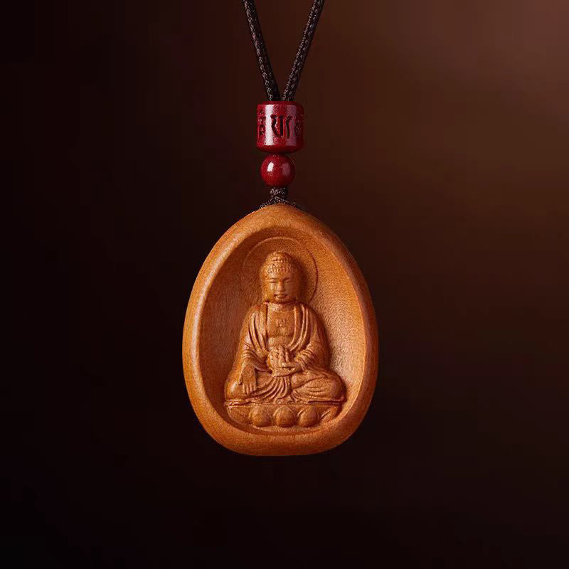 Mythstone Peach Wood Cinnabar Om Mani Padme Hum Chinese Zodiac Black String Necklace Pendants