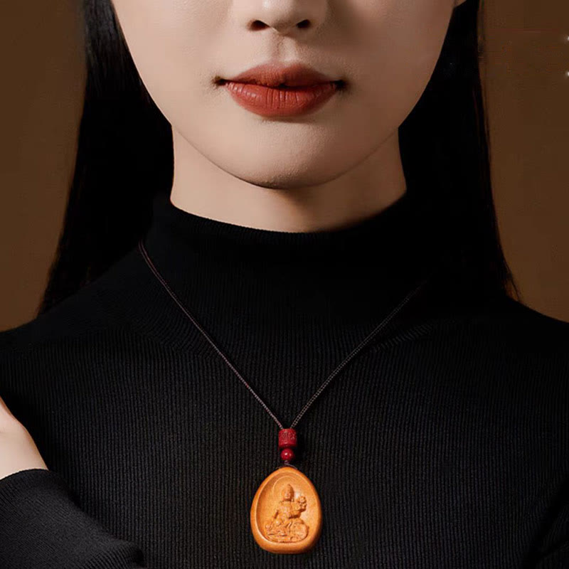 Mythstone Peach Wood Cinnabar Om Mani Padme Hum Chinese Zodiac Black String Necklace Pendants