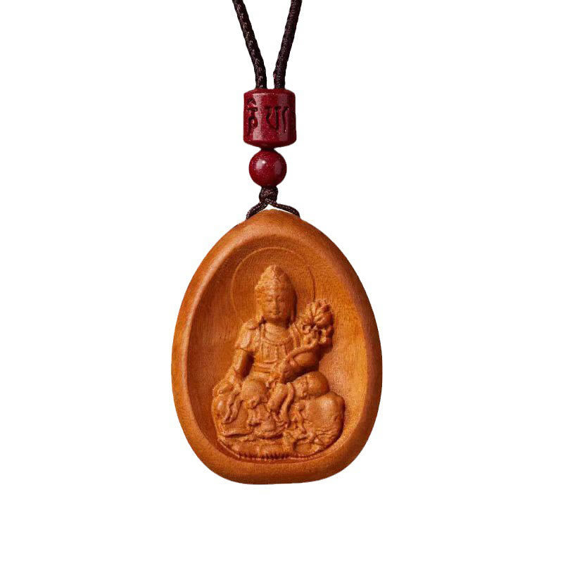 Mythstone Peach Wood Cinnabar Om Mani Padme Hum Chinese Zodiac Black String Necklace Pendants